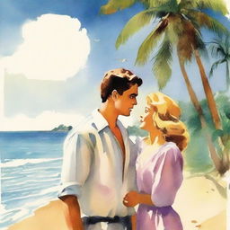 Create a book cover image with the feel of an old movie poster, featuring a young man and woman standing by the beach, facing each other