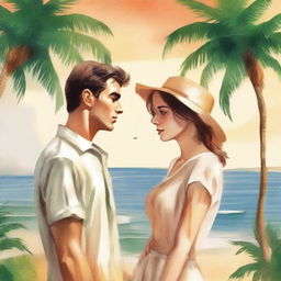 Create a book cover image with the feel of an old movie poster, featuring a young man and woman standing by the beach, facing each other