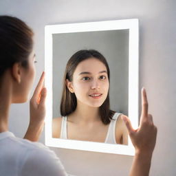 Illustrate a scene with an individual taking a mirror selfie, featuring a large source of bright white light to their right.
