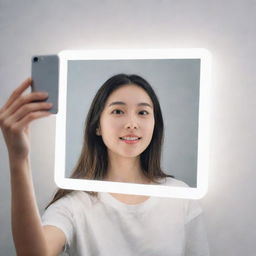 Illustrate a scene with an individual taking a mirror selfie, featuring a large source of bright white light to their right.