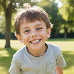 An energetic young boy with sparkling eyes, sporting casual clothes and a cheerful smile, playing in a sunny park.