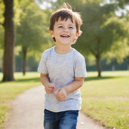 An energetic young boy with sparkling eyes, sporting casual clothes and a cheerful smile, playing in a sunny park.