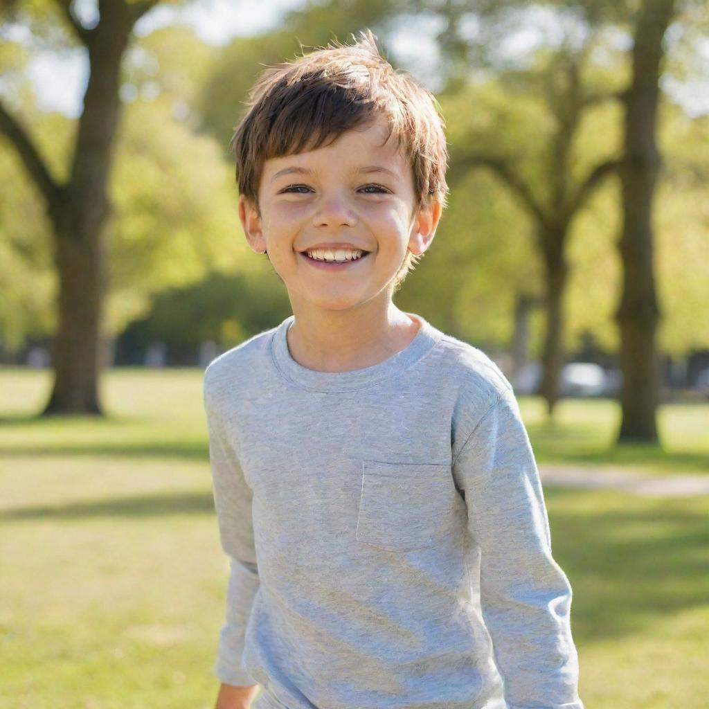 An energetic young boy with sparkling eyes, sporting casual clothes and a cheerful smile, playing in a sunny park.