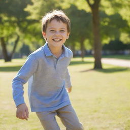 An energetic young boy with sparkling eyes, sporting casual clothes and a cheerful smile, playing in a sunny park.