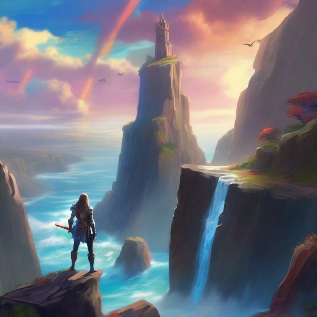 Envision a high fantasy scene with a majestic sword perched on the edge of a cliff