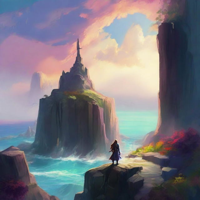 Envision a high fantasy scene with a majestic sword perched on the edge of a cliff