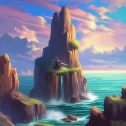 Envision a high fantasy scene with a majestic sword perched on the edge of a cliff