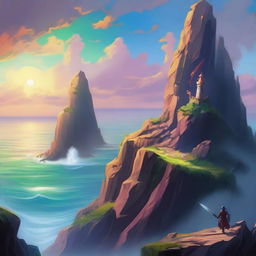 Envision a high fantasy scene with a majestic sword perched on the edge of a cliff