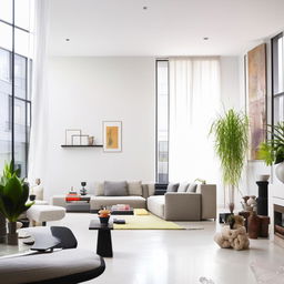 A stunning, contemporary flat with sleek furniture, natural light, minimalist design, and vibrant indoor plants.