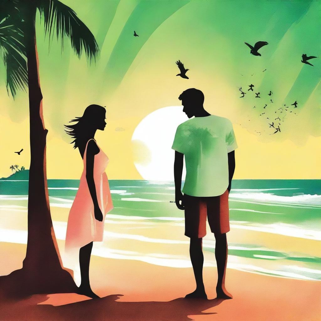 Create a book cover image in the style of an old movie poster, featuring a young man and woman standing by the beach, facing each other