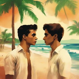 Create a book cover image in the style of an old movie poster, featuring a young man and woman standing by the beach, facing each other