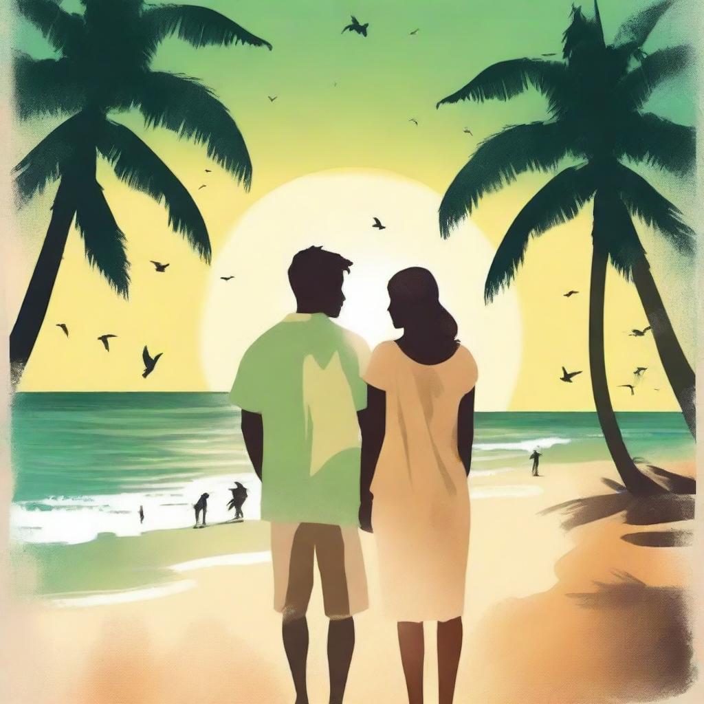 Create a book cover image in the style of an old movie poster, featuring a young man and woman standing by the beach, facing each other