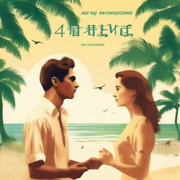 Create a book cover image in the style of an old movie poster, featuring a young man and woman standing by the beach, facing each other