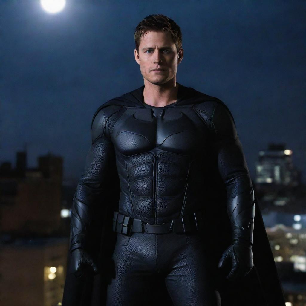 Jensen Ackles portrayed as Batman, standing determinedly on a city rooftop under a moonlit sky.