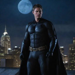 Jensen Ackles portrayed as Batman, standing determinedly on a city rooftop under a moonlit sky.