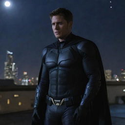 Jensen Ackles portrayed as Batman, standing determinedly on a city rooftop under a moonlit sky.