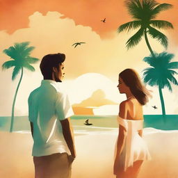 Create a book cover image in the style of an old movie poster, featuring a young man and woman standing by the beach, facing each other