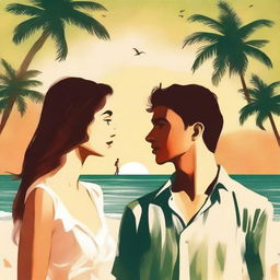 Create a book cover image in the style of an old movie poster, featuring a young man and woman standing by the beach, facing each other