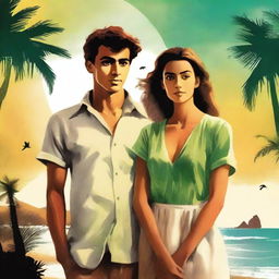 Create a book cover image in the style of an old movie poster, featuring a young man and woman standing by the beach, facing each other