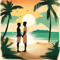 Create a book cover image in the style of an old movie poster, featuring a young man and woman standing by the beach, facing each other