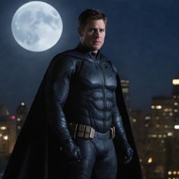 Jensen Ackles portrayed as Batman, standing determinedly on a city rooftop under a moonlit sky.