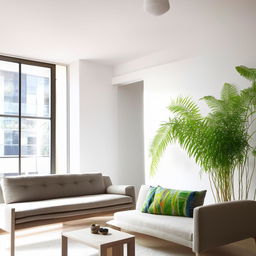 A stunning, contemporary flat with sleek furniture, natural light, minimalist design, and vibrant indoor plants.