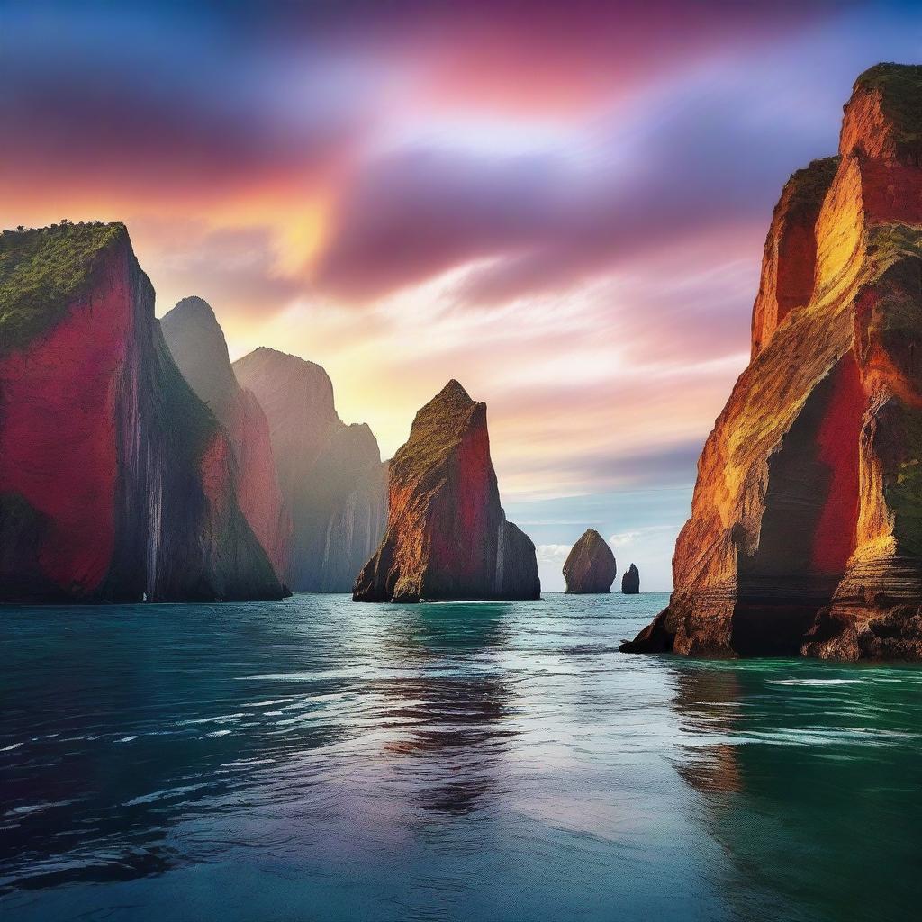 Create an image of a breathtaking scene featuring towering cliffs against the backdrop of a vast sea