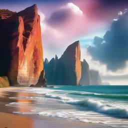 Create an image of a breathtaking scene featuring towering cliffs against the backdrop of a vast sea