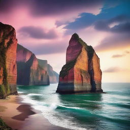 Create an image of a breathtaking scene featuring towering cliffs against the backdrop of a vast sea