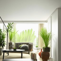 A stunning, contemporary flat with sleek furniture, natural light, minimalist design, and vibrant indoor plants.