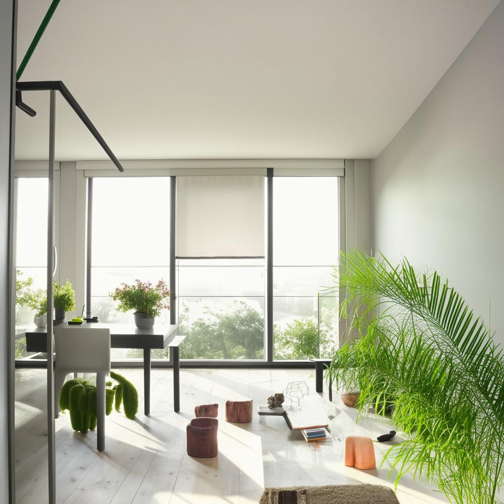 A stunning, contemporary flat with sleek furniture, natural light, minimalist design, and vibrant indoor plants.