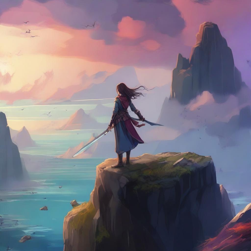 Generate an image of a fantasy scene where a swordswoman stands atop a cliff