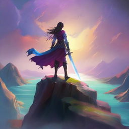 Generate an image of a fantasy scene where a swordswoman stands atop a cliff