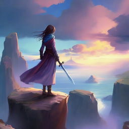 Generate an image of a fantasy scene where a swordswoman stands atop a cliff