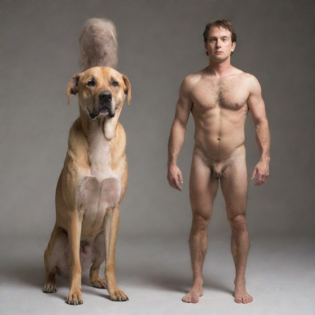 A man in the process of a mystifying transformation, gradually morphing into a half-dog figure with human attributes combined with dog characteristics.