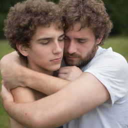 A teenager being comforted, as a gentle, hairy man wraps his arms around them in a comforting embrace.