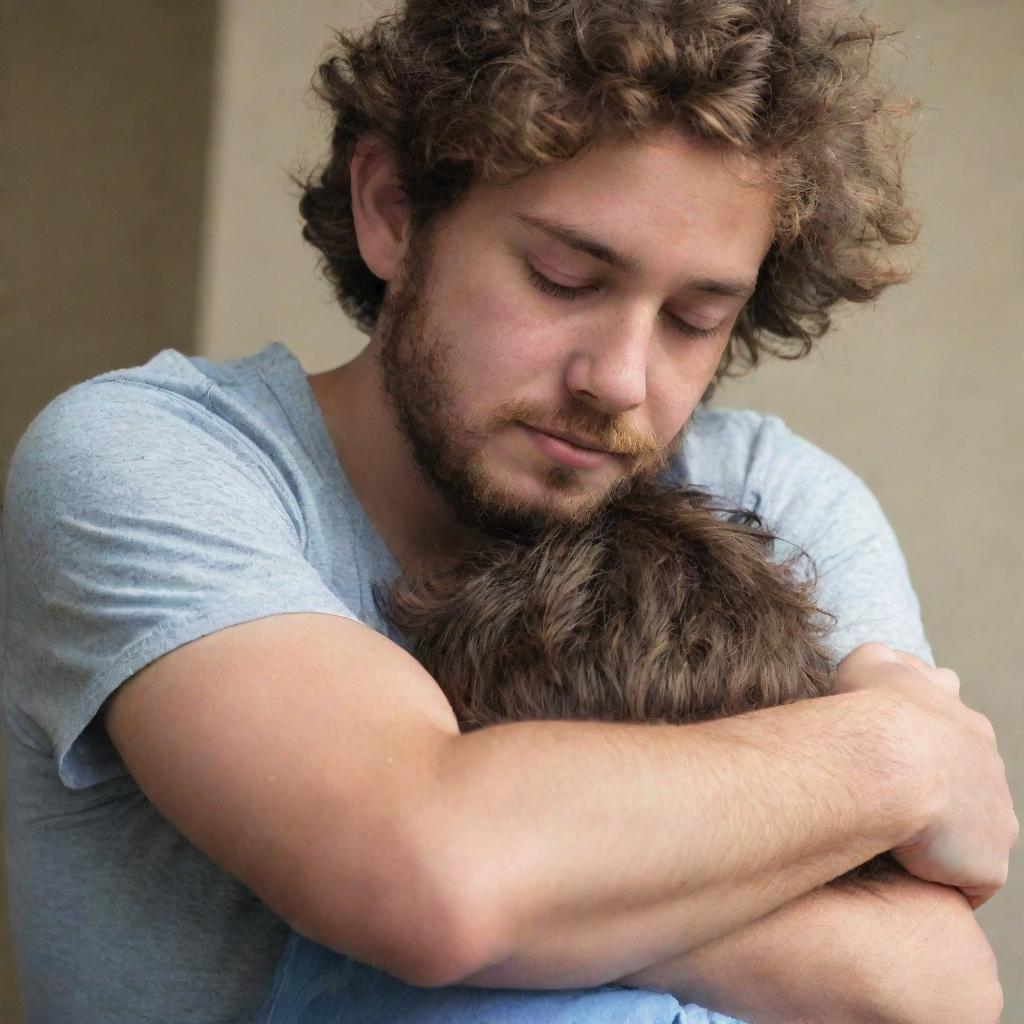 A teenager being comforted, as a gentle, hairy man wraps his arms around them in a comforting embrace.