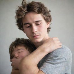 A teenager being comforted, as a gentle, hairy man wraps his arms around them in a comforting embrace.