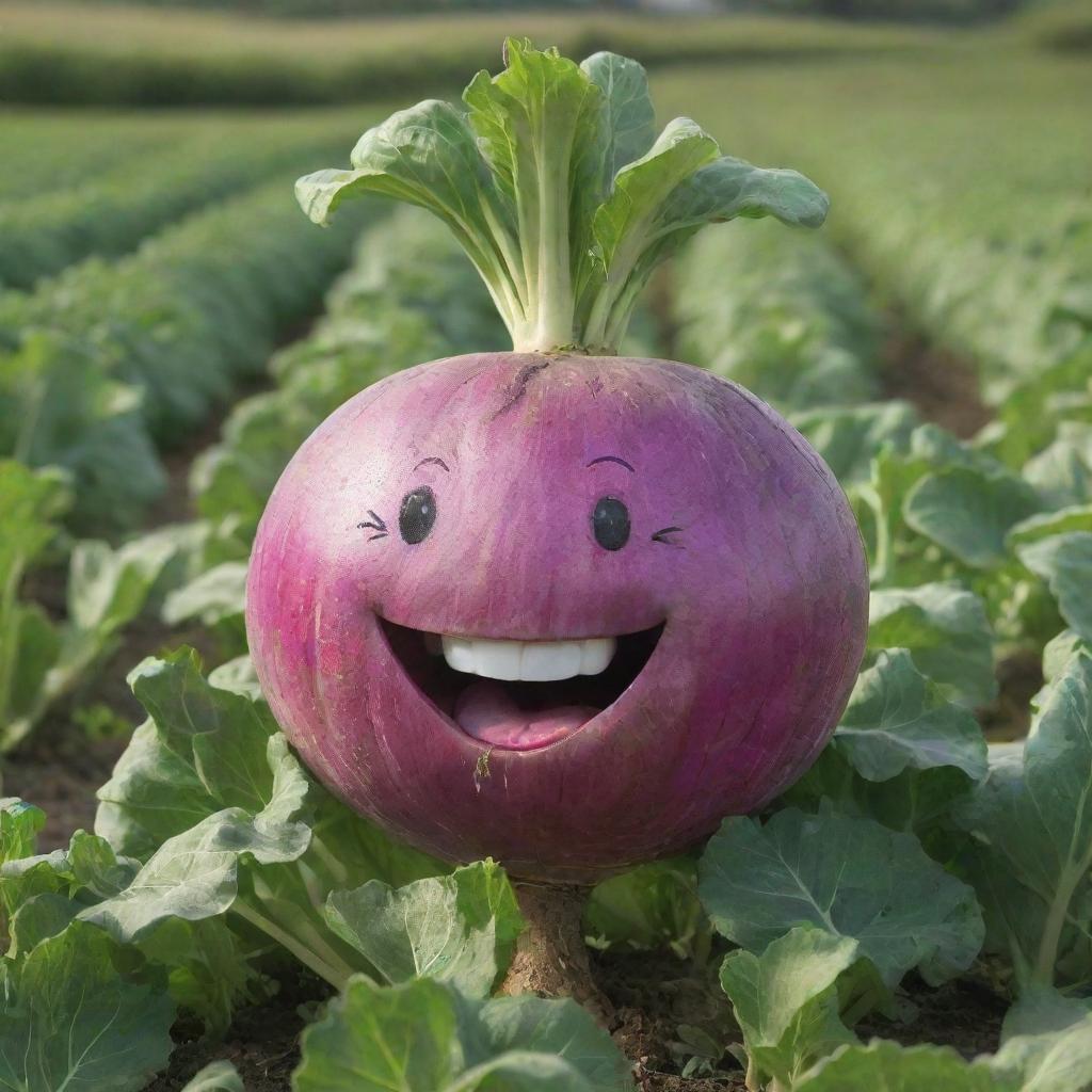 A jolly, vibrant turnip with a wide, animated smile and sparkles in its eyes, visibly laughing in a background of lush green fields.