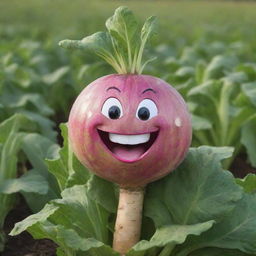 A jolly, vibrant turnip with a wide, animated smile and sparkles in its eyes, visibly laughing in a background of lush green fields.