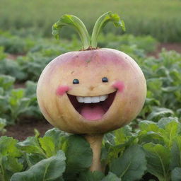 A jolly, vibrant turnip with a wide, animated smile and sparkles in its eyes, visibly laughing in a background of lush green fields.