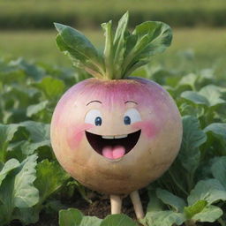 A jolly, vibrant turnip with a wide, animated smile and sparkles in its eyes, visibly laughing in a background of lush green fields.