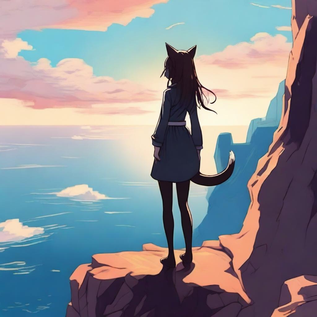 Create an image of a catgirl standing at the edge of a cliff