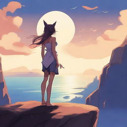 Create an image of a catgirl standing at the edge of a cliff