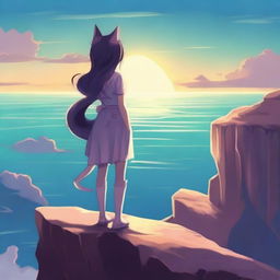 Create an image of a catgirl standing at the edge of a cliff