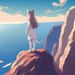 Create an image of a catgirl standing at the edge of a cliff