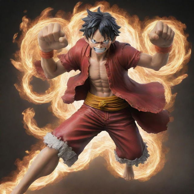 Luffy from One Piece, in an imagined Gear 5 form, exuding immense power and strength in a dynamic action pose.