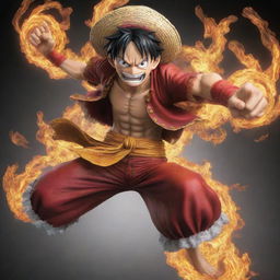 Luffy from One Piece, in an imagined Gear 5 form, exuding immense power and strength in a dynamic action pose.
