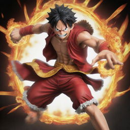 Luffy from One Piece, in an imagined Gear 5 form, exuding immense power and strength in a dynamic action pose.