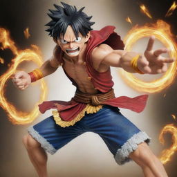 Luffy from One Piece, in an imagined Gear 5 form, exuding immense power and strength in a dynamic action pose.